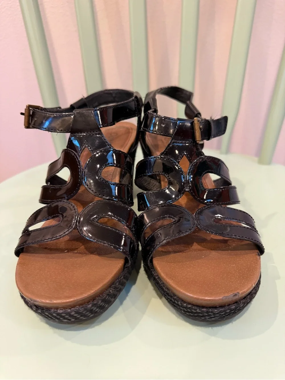 Black Patent Wedge Sandals with Ankle Buckle